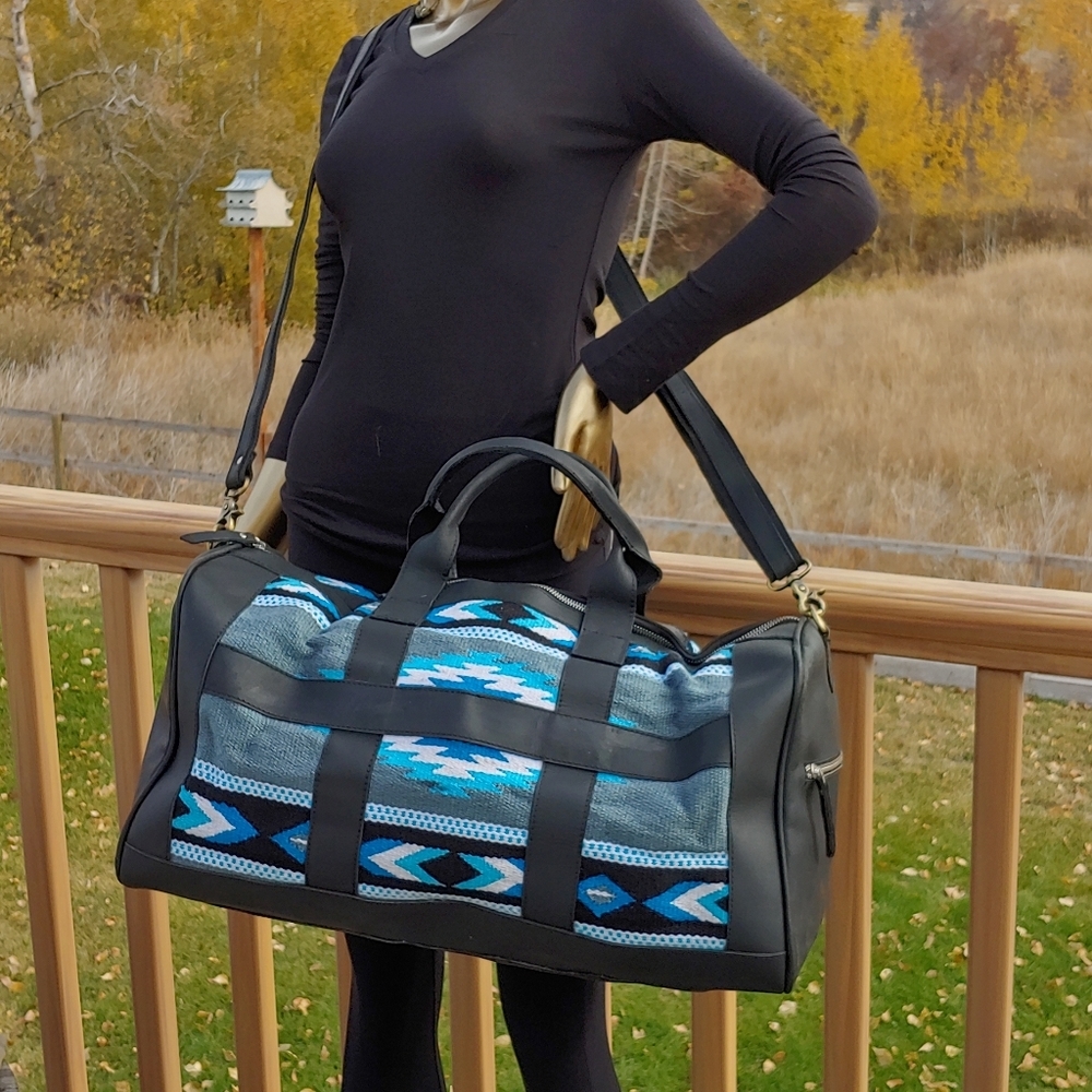 Handmade Saddle Blanket leather duffel bag black turquoise travel boho - Picture 3 of 12